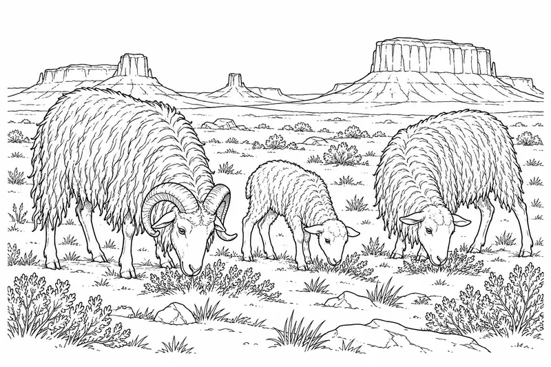 Ovejas Navajo-Churro con una cría en un paisaje de mesetas
