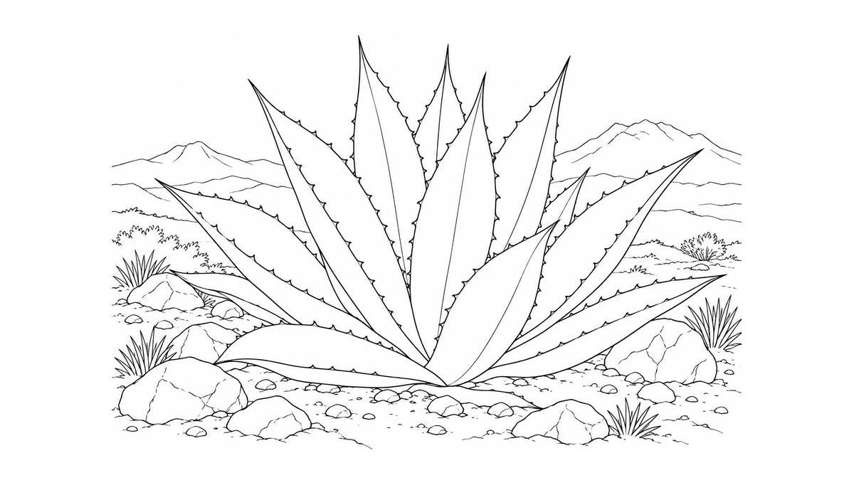 Maguey de hojas largas y puntiagudas en un terreno pedregoso para colorear