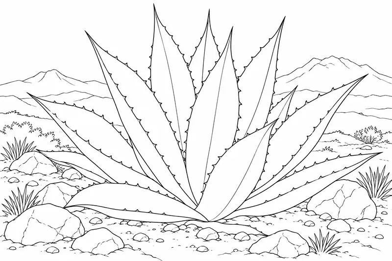 Maguey de hojas largas y puntiagudas en un terreno pedregoso para colorear