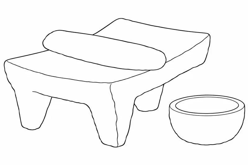 Metate de piedra con mano de molienda y pequeño recipiente al lado