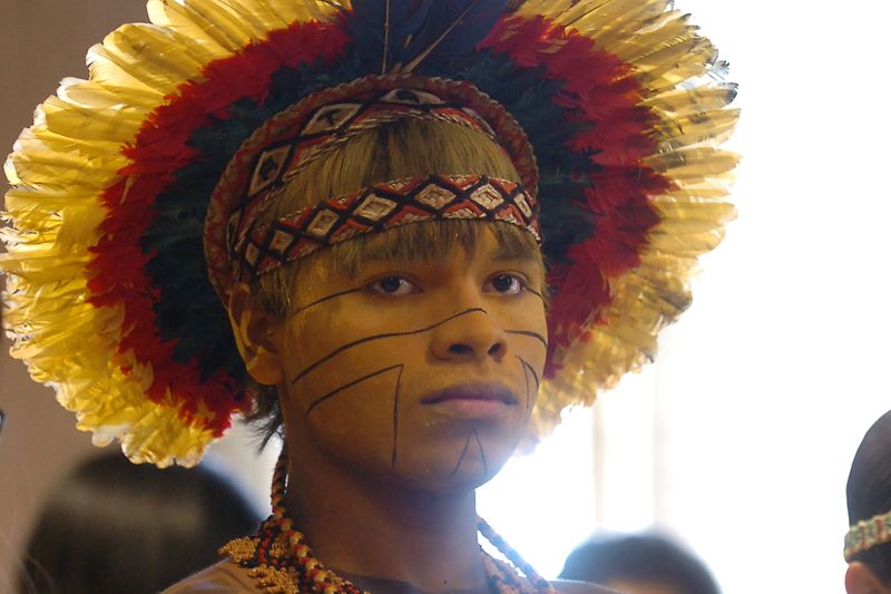Vestimenta pataxó: joven con adornos plumarios en encuentro indígena — Brasilia, Brasil