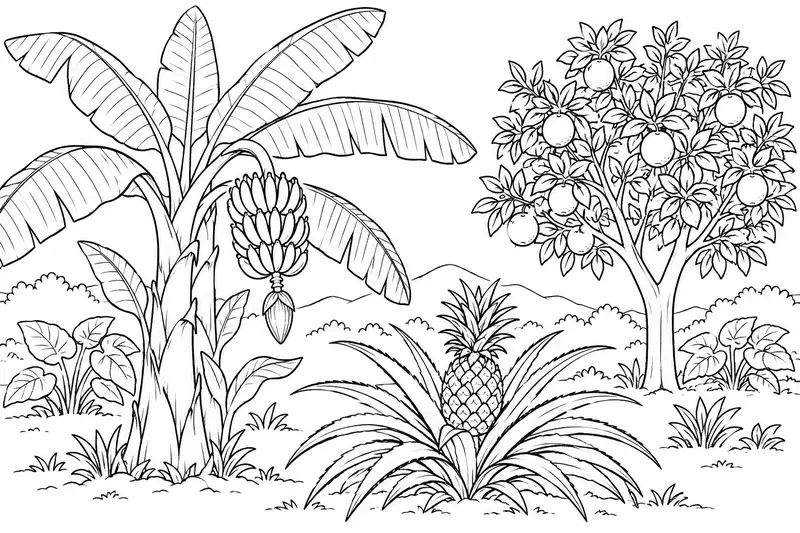 Huerto con platanera, piña y árbol frutal de distinta altura