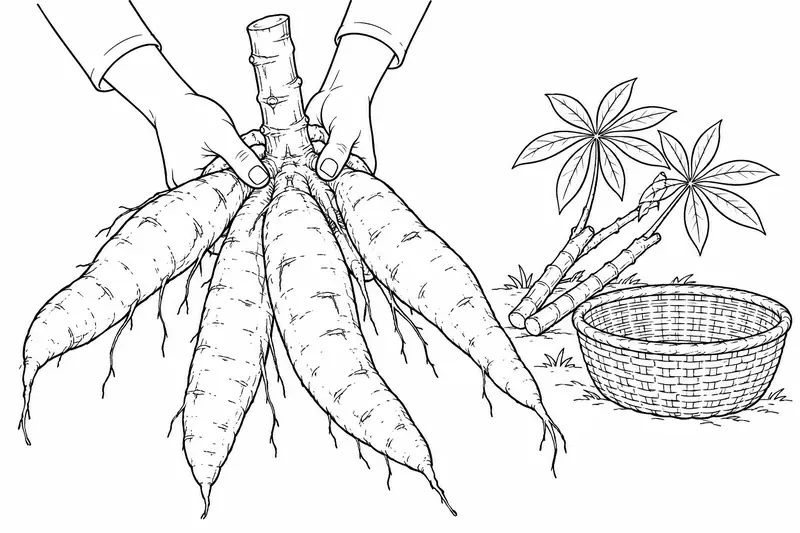 Manos sosteniendo raíces de yuca unidas al tallo durante una cosecha
