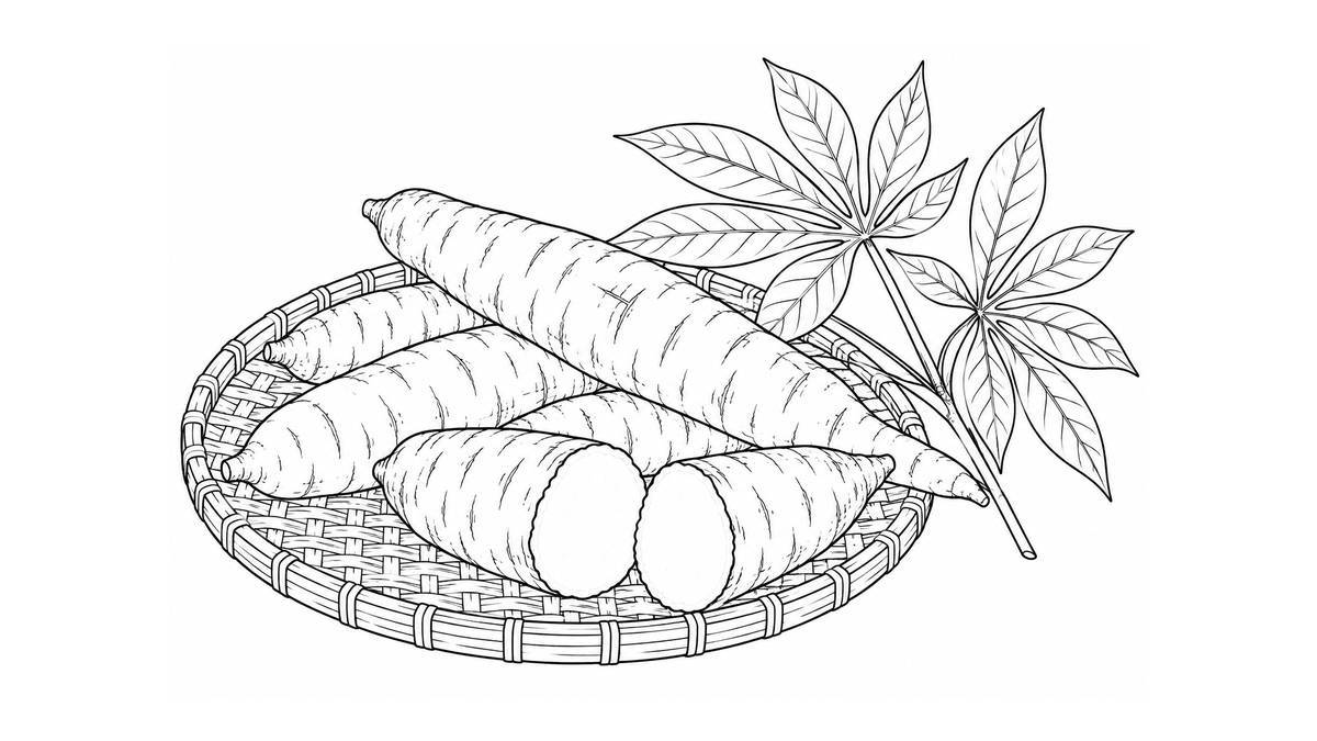 Raíces de yuca sobre una bandeja, una raíz abierta y una rama con hojas