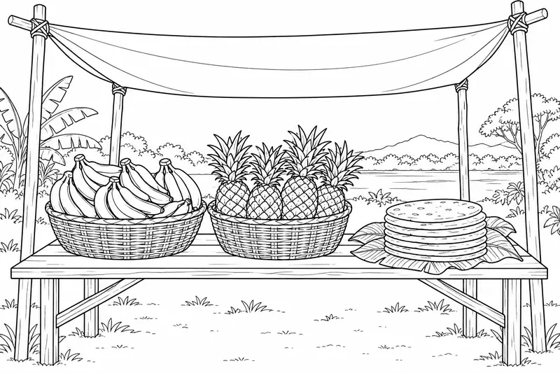 Mesa bajo una cubierta con frutas en cestos y panes circulares de yuca
