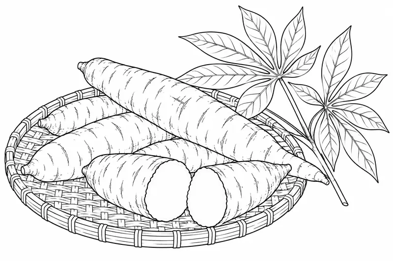 Raíces de yuca sobre una bandeja, una raíz abierta y una rama con hojas