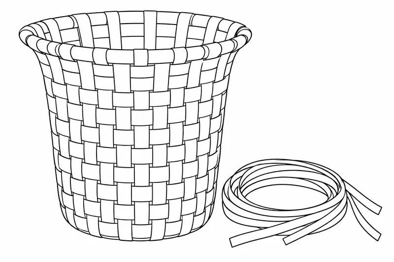 Cesta alta de fibras entrelazadas con tiras de material a su lado