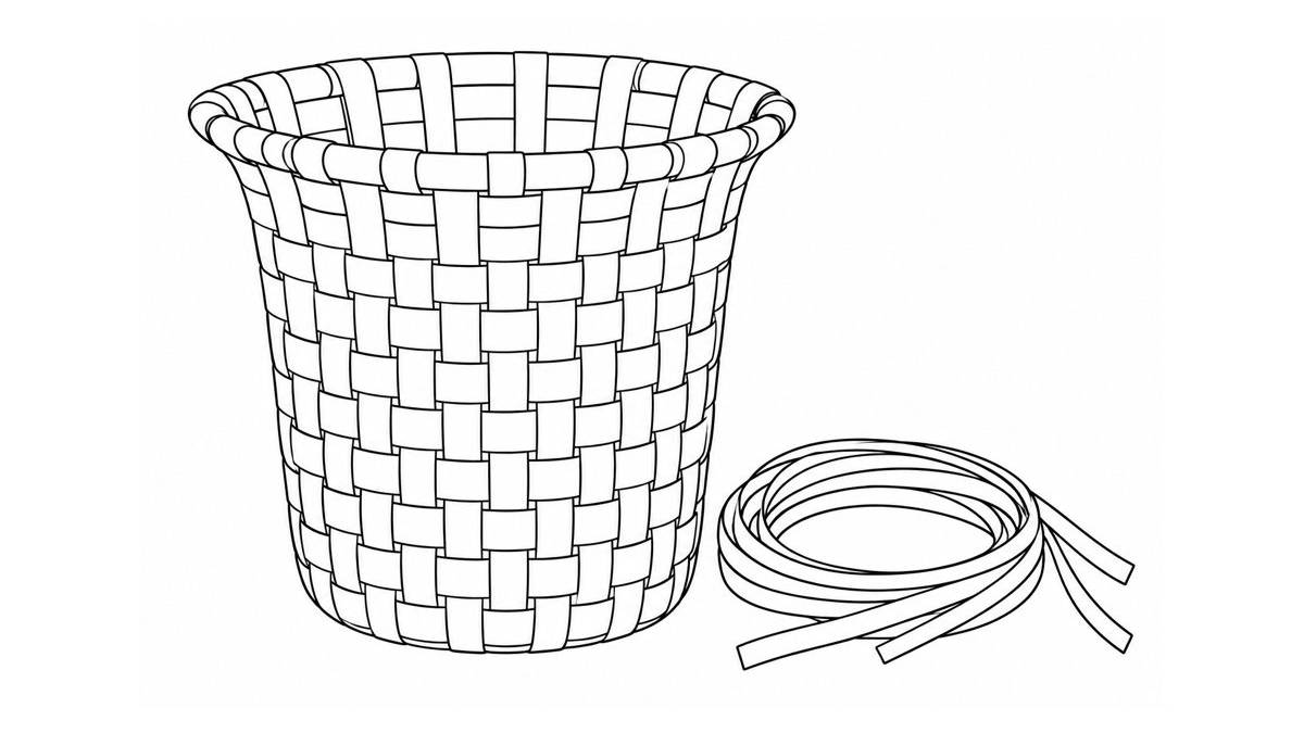 Cesta alta de fibras entrelazadas con tiras de material a su lado