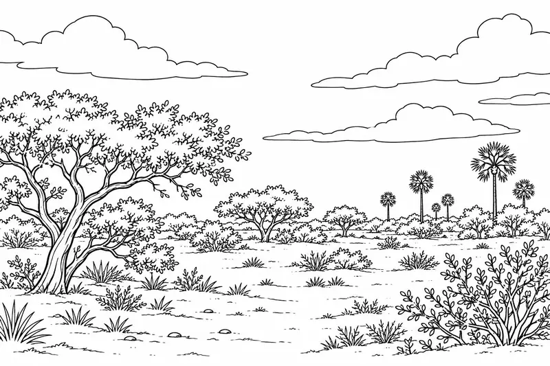 Paisaje de árboles bajos, arbustos y palmeras pequeñas