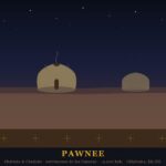 Pawnee | Ubicacion, Lengua, Vestimenta, Cultura y Alimentacion Pawnee: lodge de tierra bajo cielo estrellado con bisonte en la pradera — Oklahoma, EE.UU.