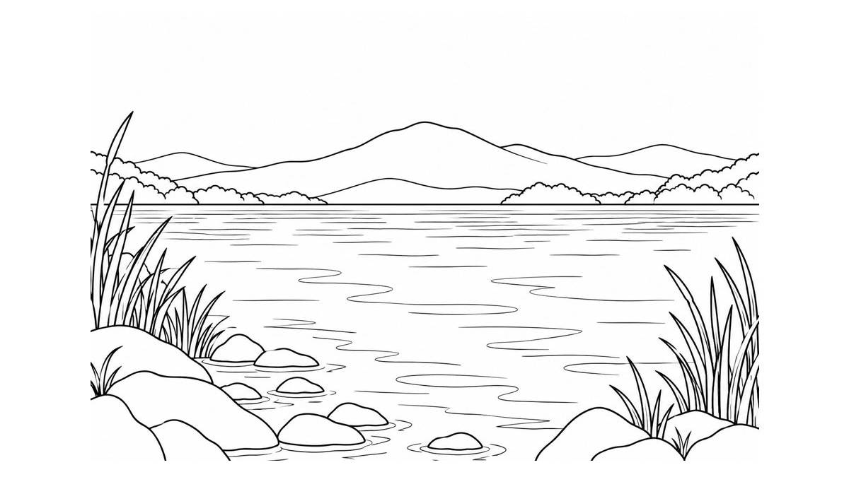 Paisaje lacustre con colinas, vegetación de ribera y piedras, inspirado en el entorno de Pátzcuaro