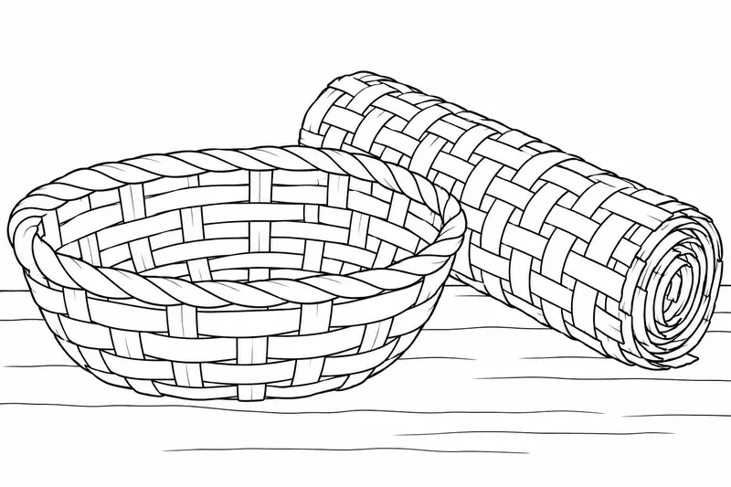 Cesta de fibras vegetales y petate enrollado con un entrecruzado simplificado