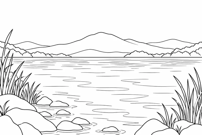 Paisaje lacustre con colinas, vegetación de ribera y piedras, inspirado en el entorno de Pátzcuaro