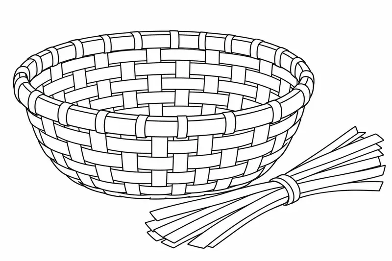 Cesta ancha de fibras entrelazadas con tiras de material junto al borde