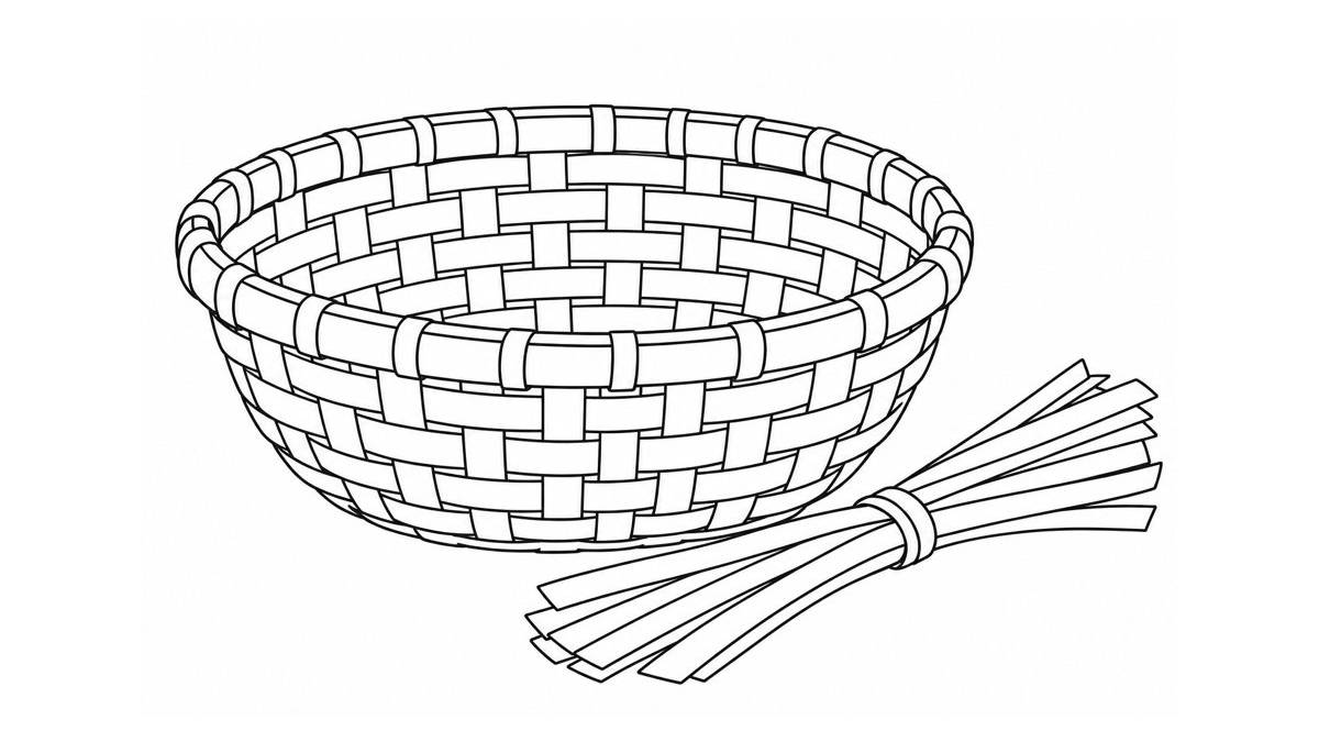 Cesta ancha de fibras entrelazadas con tiras de material junto al borde