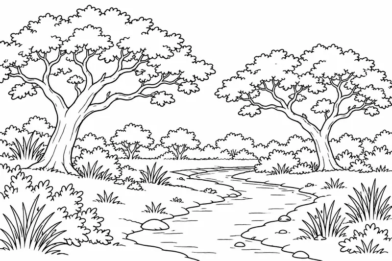 Árboles bajos, arbustos y un curso de agua en un paisaje chaqueño