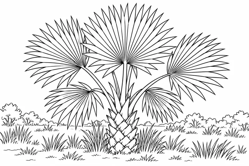 Palmera baja con hojas abiertas y vegetación junto al suelo