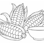 Dibujos de quechuas para colorear: 4 láminas y actividades Tres mazorcas con granos visibles junto a un recipiente sencillo