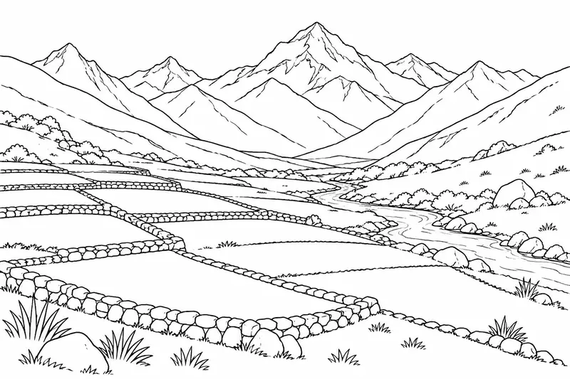 Montañas, pequeñas parcelas y un curso de agua en un valle andino