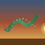 Quetzalcóatl: el dios mexica de la serpiente emplumada Ilustración de Quetzalcóatl en espiral con plumas verdes sobre el cielo y la pirámide de Cholula al fondo