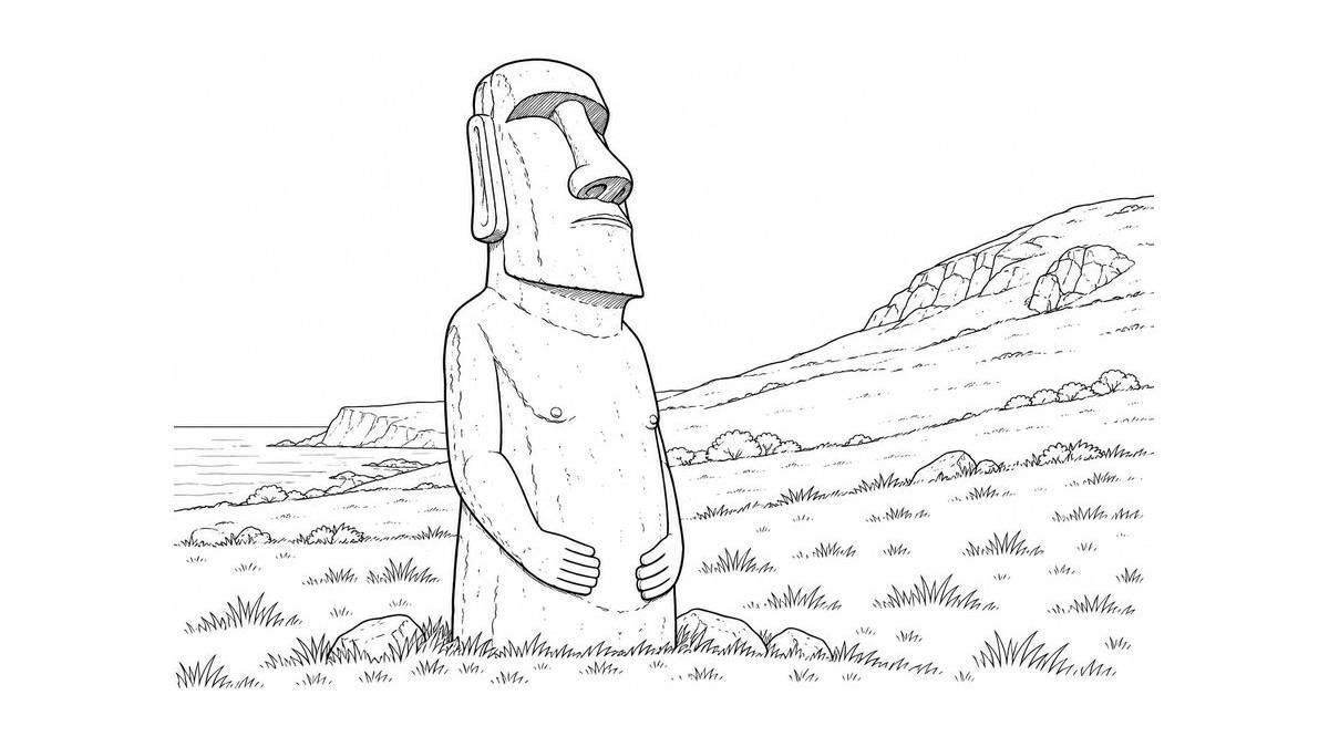 Moái de cuerpo completo con cabeza alargada y manos sobre el torso ante una ladera