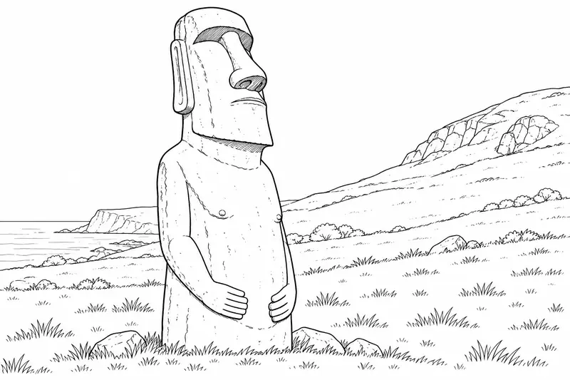 Moái de cuerpo completo con cabeza alargada y manos sobre el torso ante una ladera