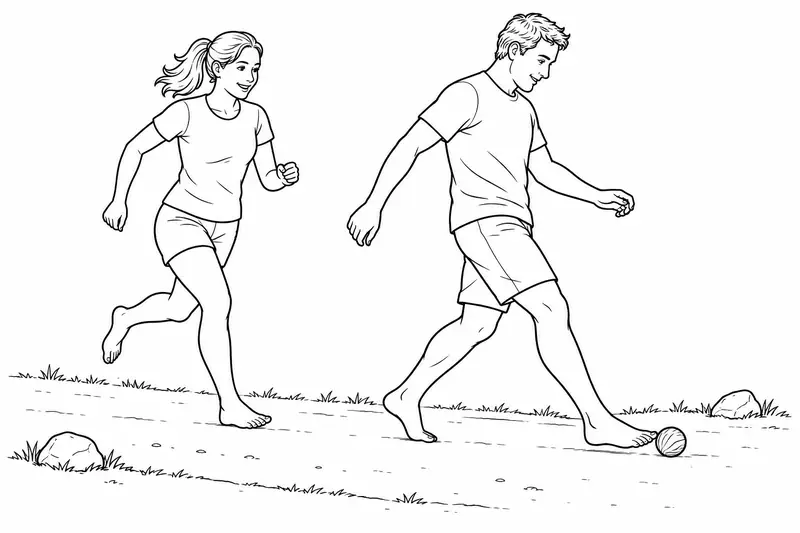 Dos personas en una carrera de bola, una de ellas impulsando con el pie una pelota de madera