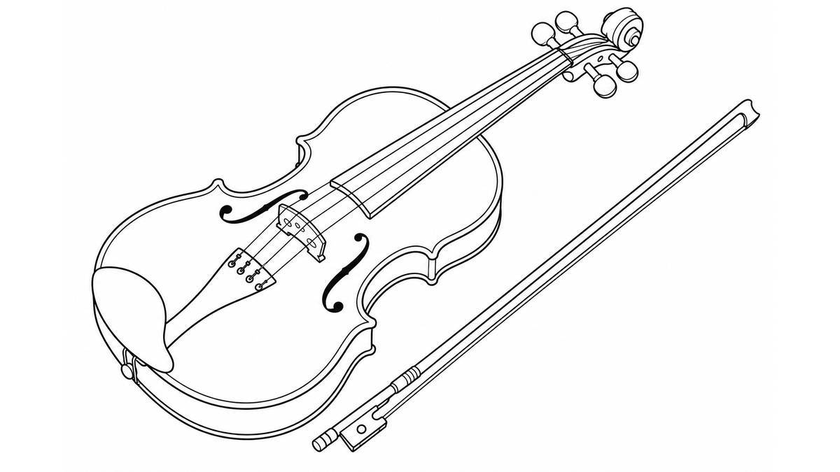 Violín de madera visto de frente junto a un arco, sin escena ceremonial