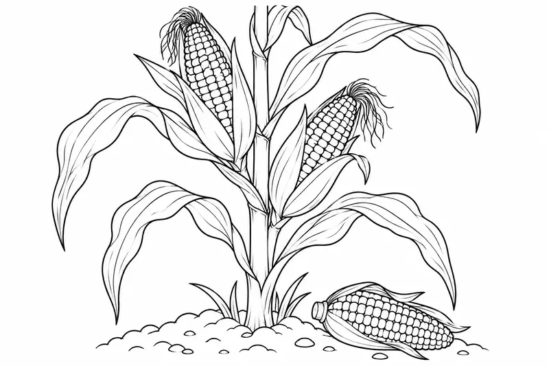 Planta con hojas largas y mazorcas, acompañada de una mazorca separada