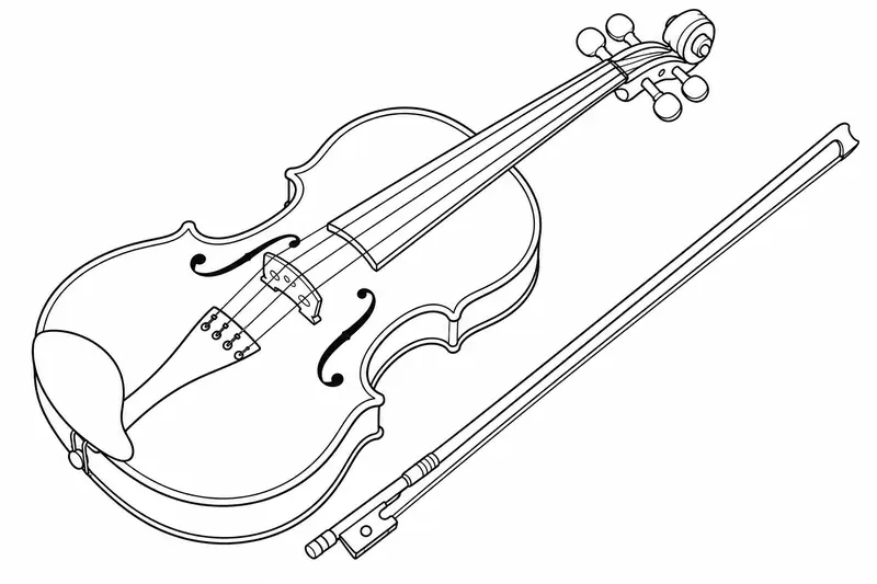 Violín de madera visto de frente junto a un arco, sin escena ceremonial