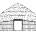 Ruka mapuche para dibujar y colorear: formas y cubierta Ruka de contorno redondeado con cubierta vegetal amplia y entrada frontal