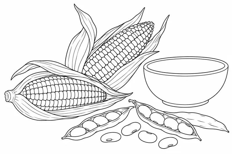 Mazorcas, vainas y frijoles junto a un cuenco sencillo