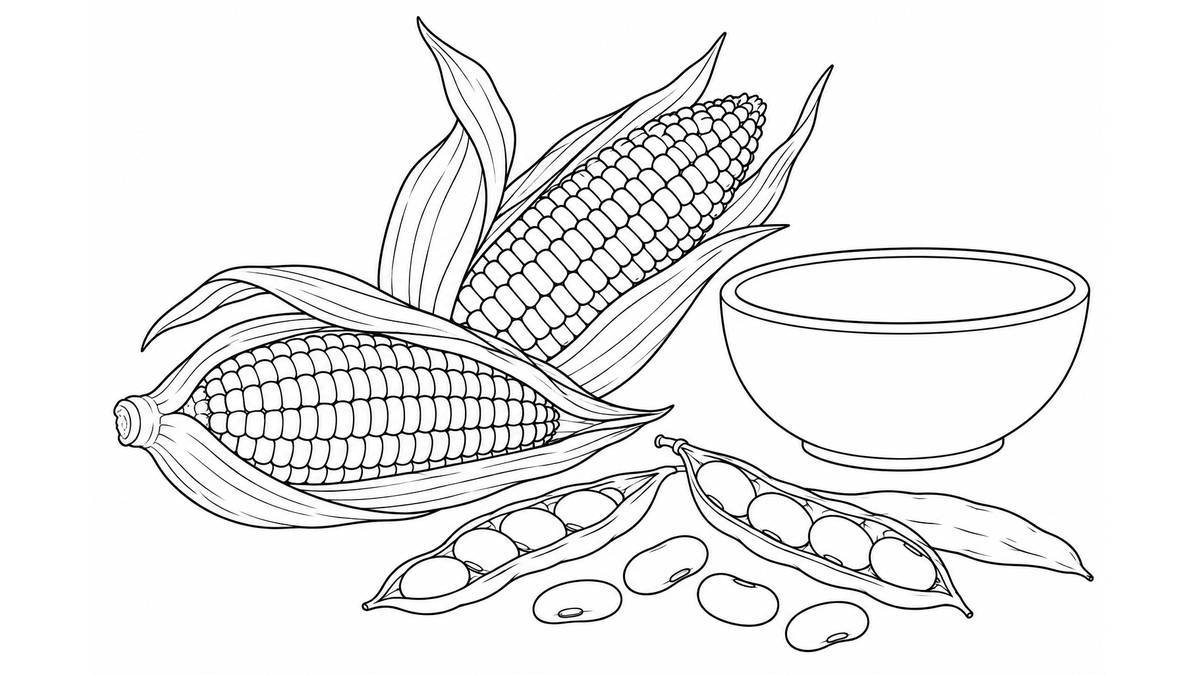 Mazorcas, vainas y frijoles junto a un cuenco sencillo