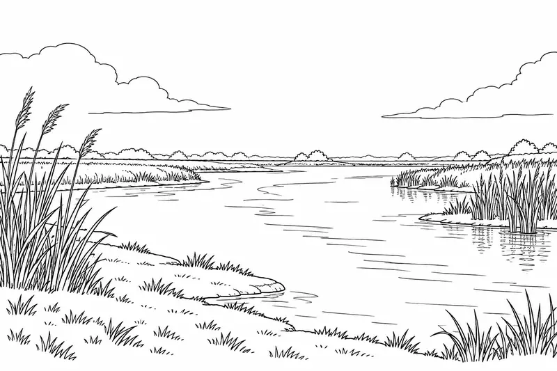 Paisaje de río y humedal con orilla baja, vegetación y cielo abierto