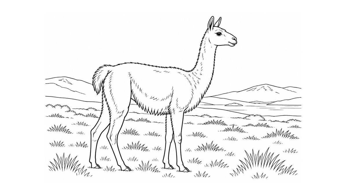 Guanaco de perfil entre pastos bajos y colinas de Tierra del Fuego