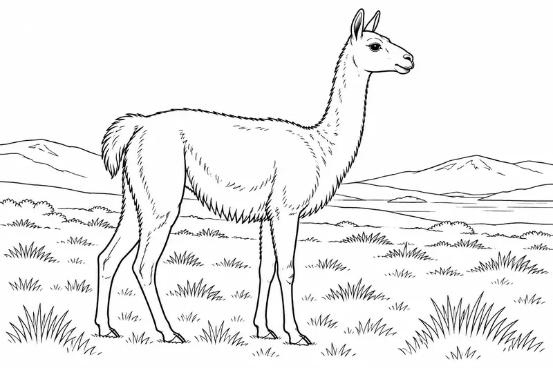 Guanaco de perfil entre pastos bajos y colinas de Tierra del Fuego