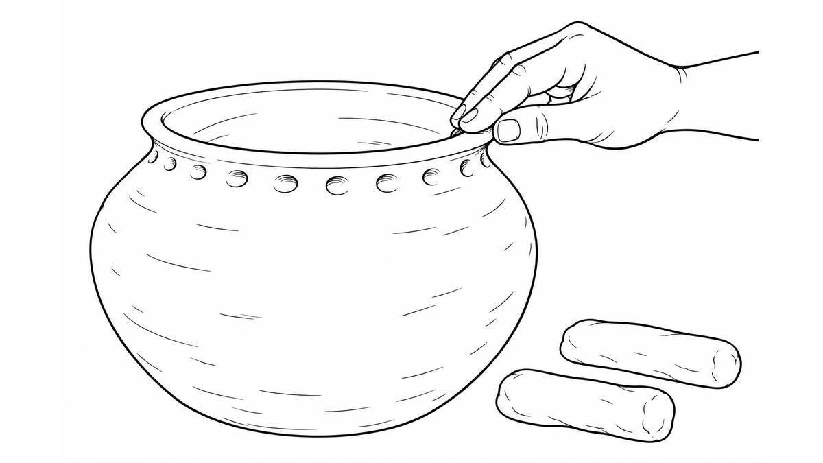 Olla de barro con pequeñas incisiones cerca del borde y mano alisando el labio