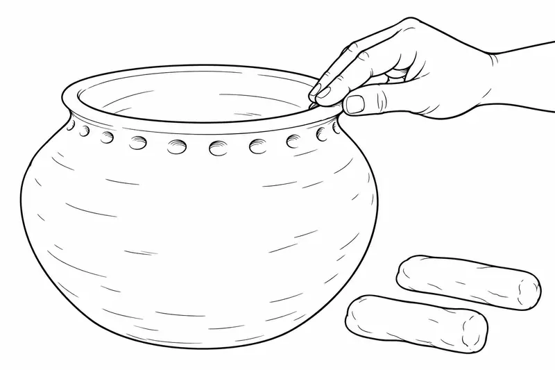 Olla de barro con pequeñas incisiones cerca del borde y mano alisando el labio