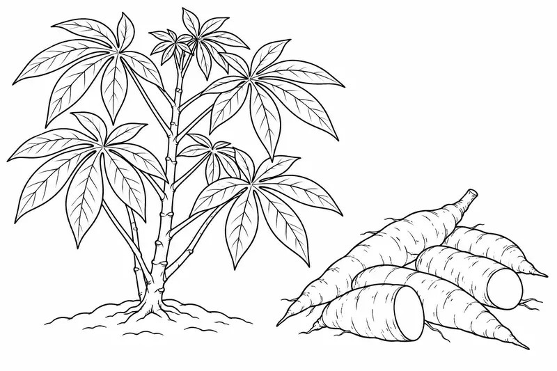 Planta de yuca con hojas palmadas y varias raíces cosechadas junto a ella