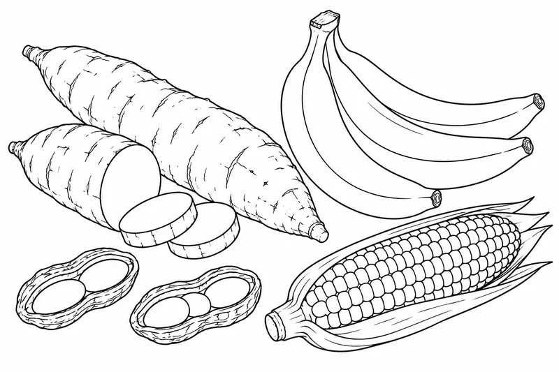 Raíces de yuca, plátanos, maní y una mazorca reunidos en una composición de alimentos