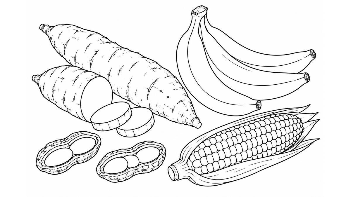 Raíces de yuca, plátanos, maní y una mazorca reunidos en una composición de alimentos