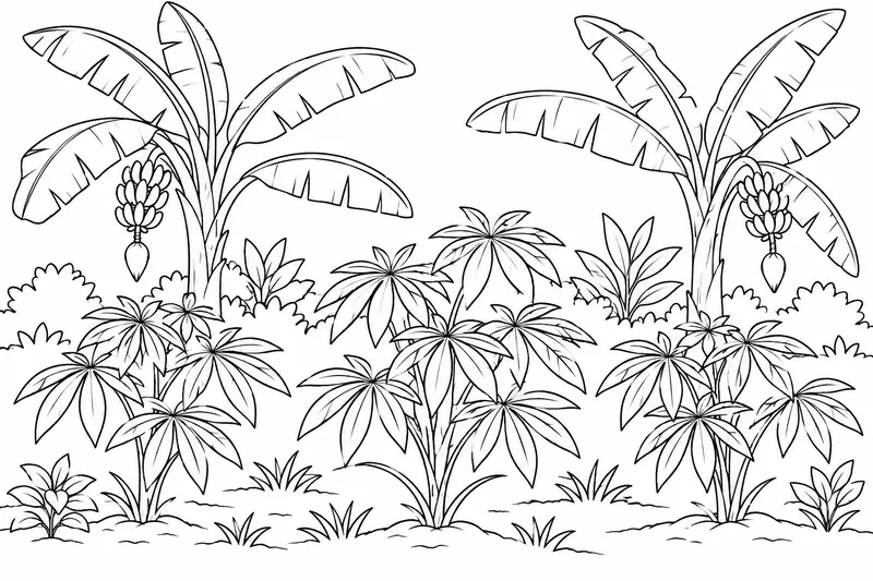 Plantas de yuca de hojas palmadas y plataneras de hojas anchas en una huerta esquemática