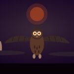 Stikini: brujos lechuza del folclore Seminole y Mvskoke Ilustración de Stikini como lechuza gigante con ojos brillantes en pantano de Florida bajo luna roja