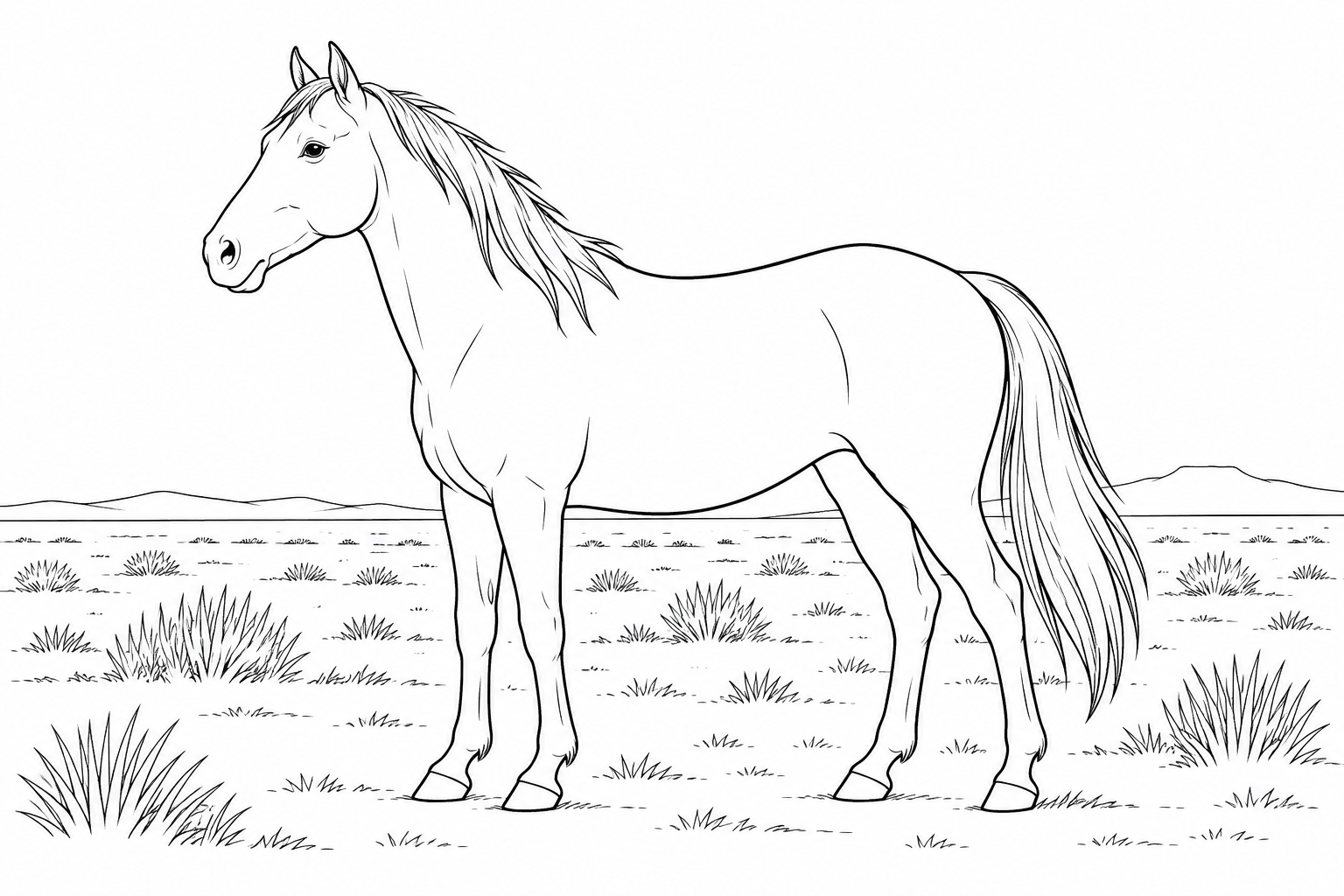 Caballo de perfil en un paisaje abierto con pastos, sin jinete ni montura