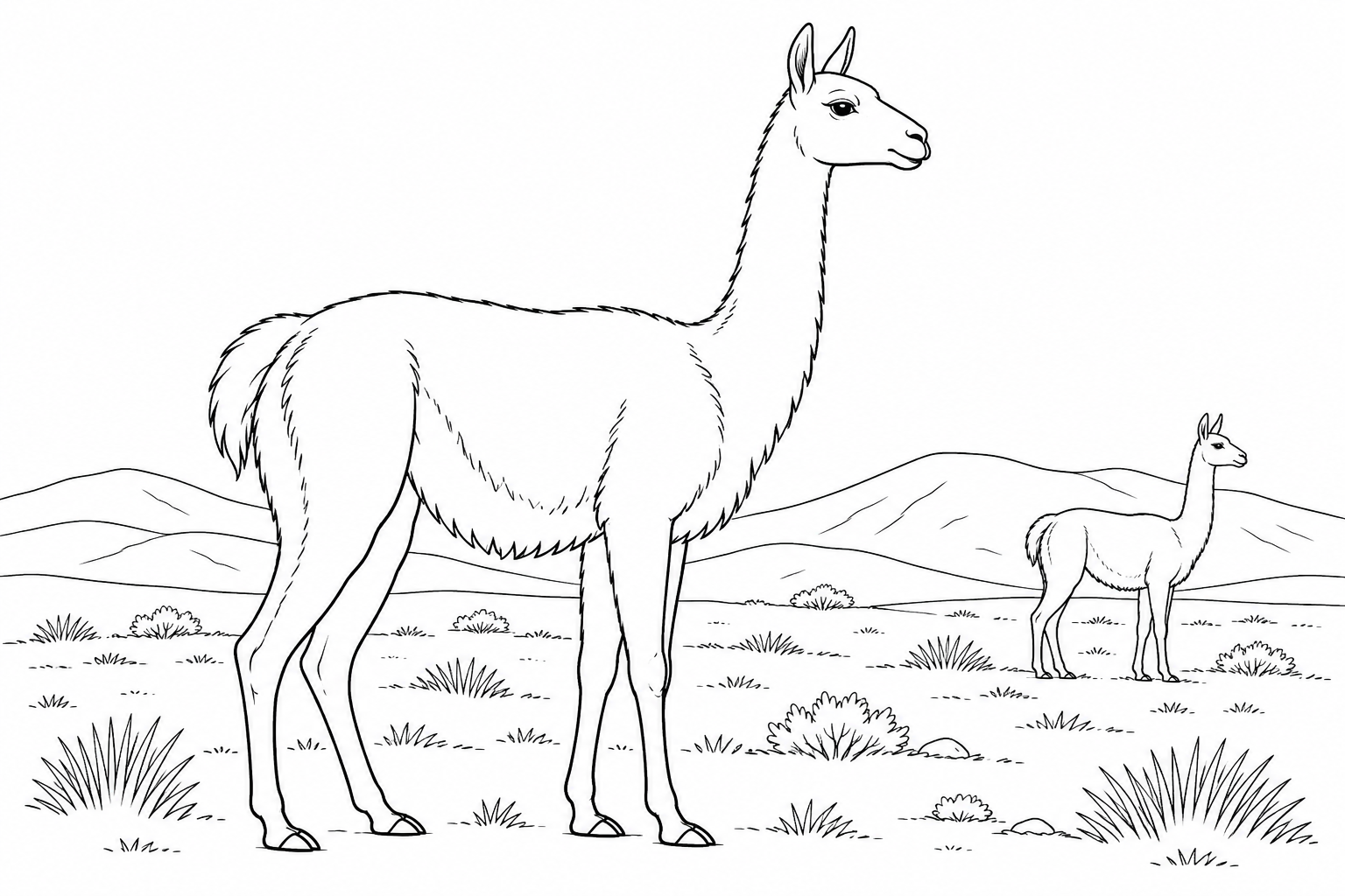 Dos guanacos entre pastos bajos y colinas de la estepa patagónica, para colorear