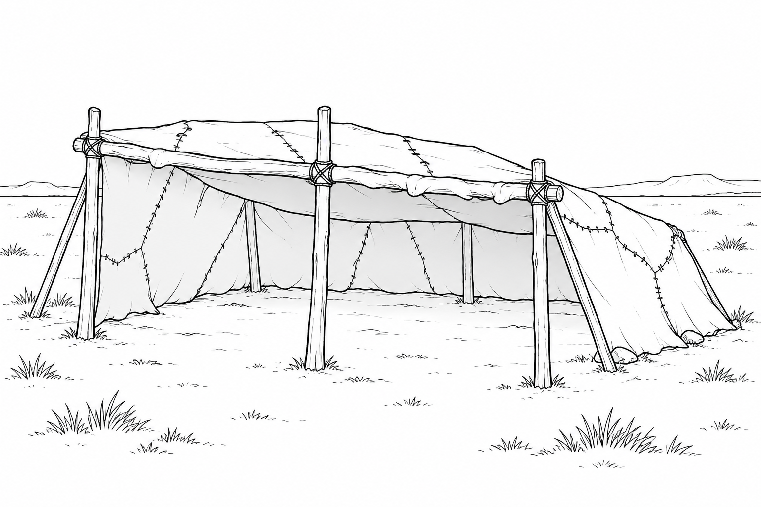 Reconstrucción didáctica de un toldo tehuelche bajo, con cubierta de pieles y postes de madera