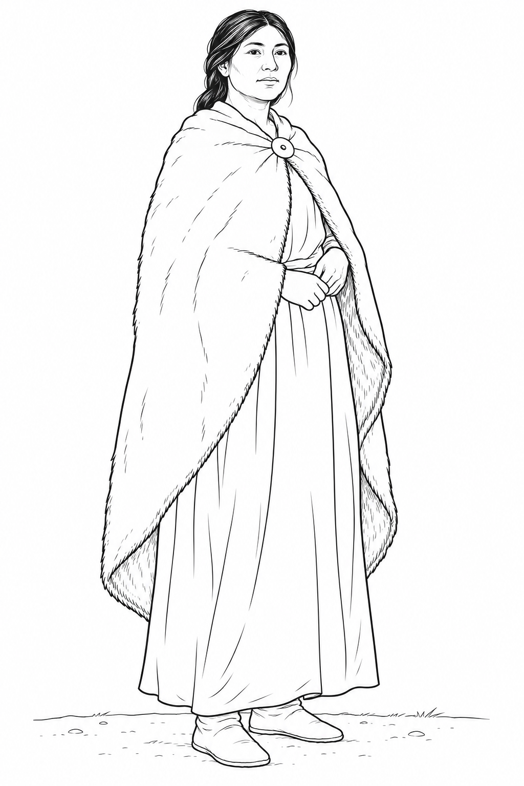 Ilustración de una mujer con vestido largo y quillango sujeto al cuello, para colorear