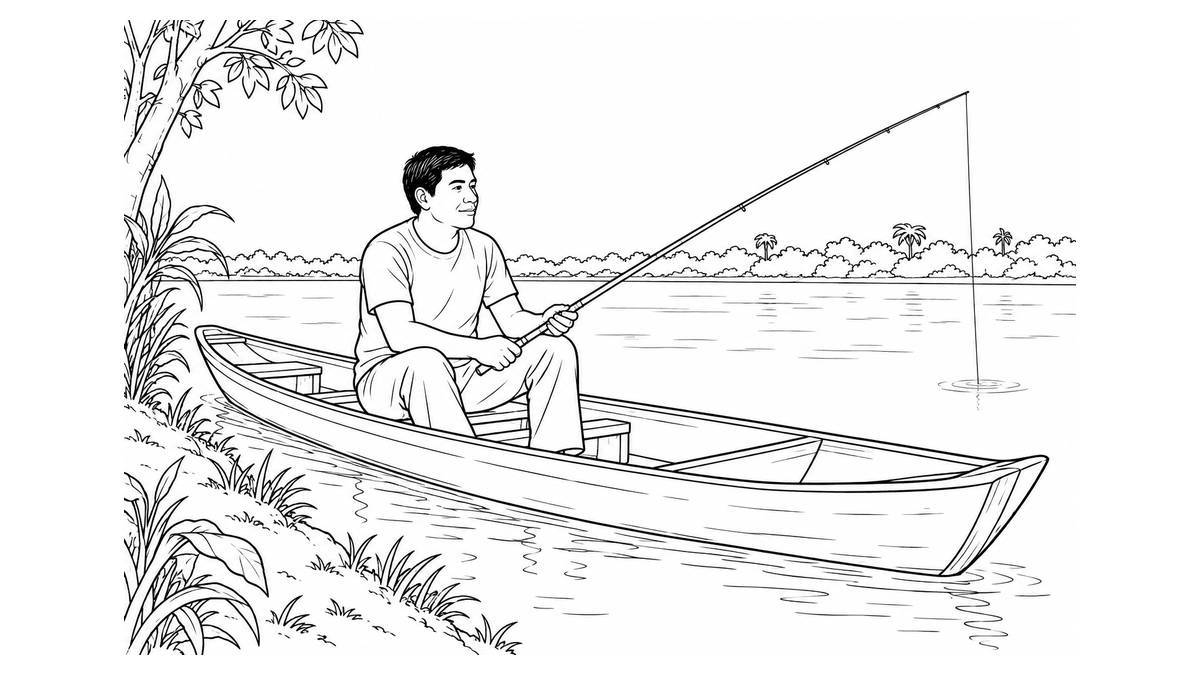 Persona tikuna con ropa cotidiana pescando desde una canoa en aguas tranquilas