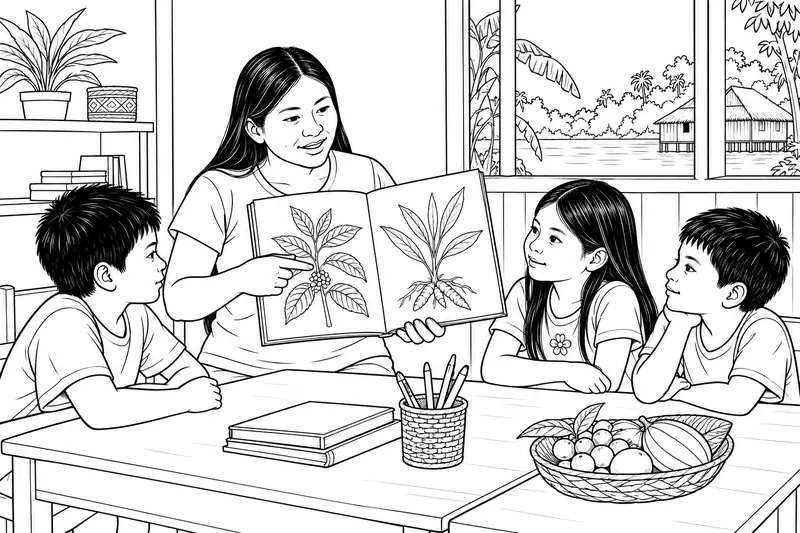 Docente tikuna mostrando un libro ilustrado a un pequeño grupo de estudiantes