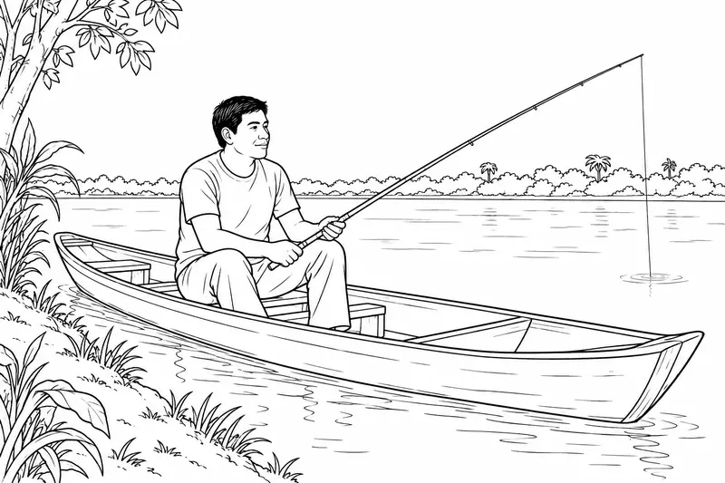 Persona tikuna con ropa cotidiana pescando desde una canoa en aguas tranquilas